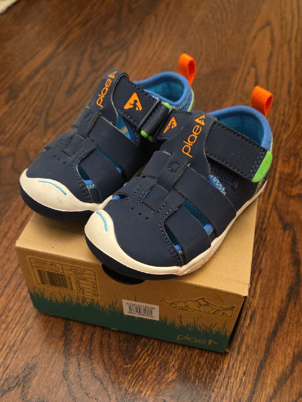 PLAE Navy Blue Kids Sandals with Orange & Green Accents